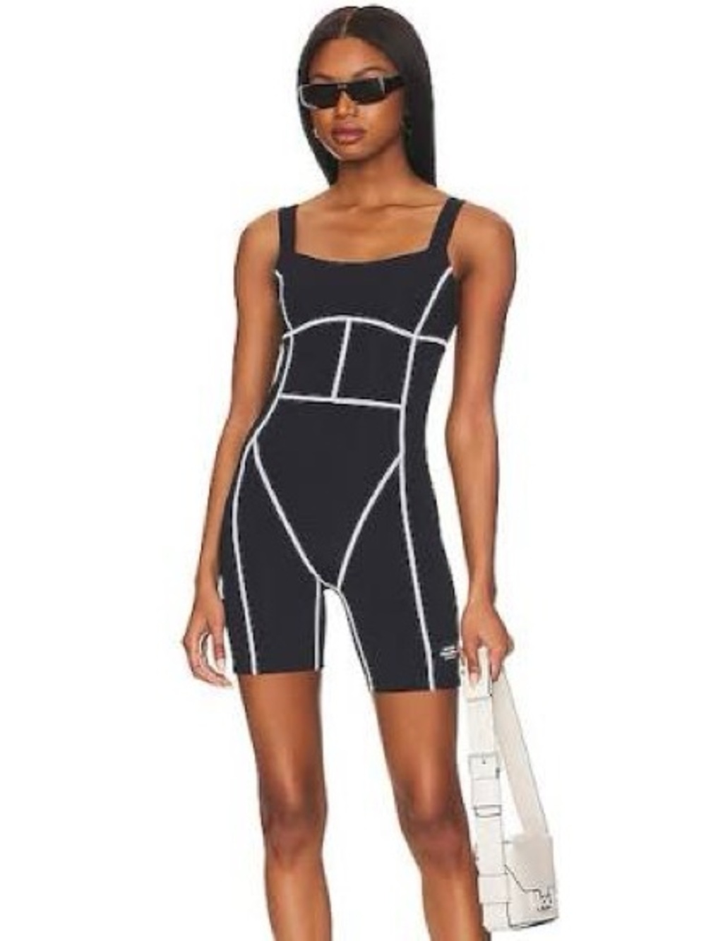P.E Nation Title Game Black One-Piece Romper with White Contrast Piping